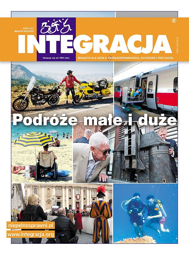Okładka numeru 3/2015 magazynu Integracja z tytułem "Podróże małe i duże" i wakacyjnymi zdjęciami osób z różnymi niepełnosprawnościami