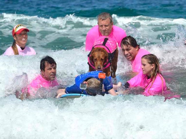 dziewczyna leżąca na desce surfingowej z psem, za nimi na wodzie są wolontariusze pomagający rozpędzić się na desce