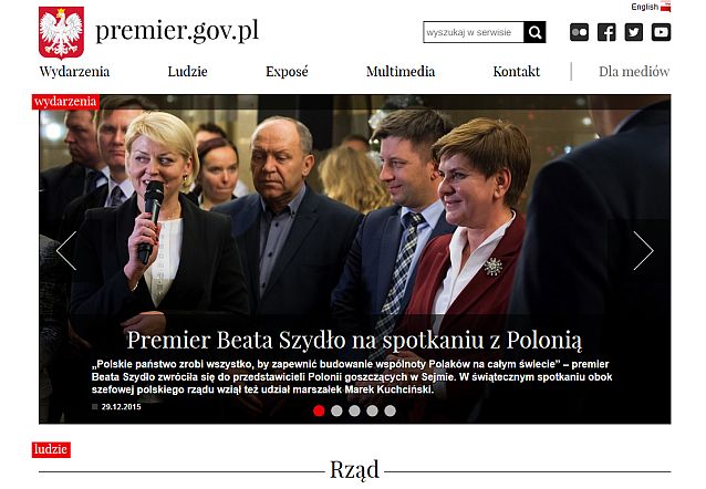 Screen strony startowej premier.gov.pl ze zdjęciem premier Beaty Szydło na spotkaniu z Polonią