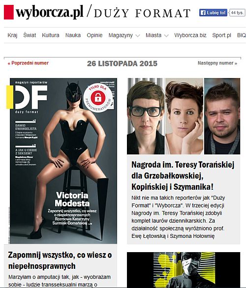 Zrzut z ekranu strony wyborcza.pl z okładką Dużego Formatu z Viktorią Modestą