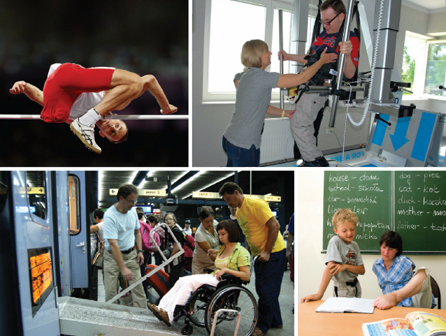 sportowiec, rehabilitacja, wsiadanie osoby na wózku do pociągu, nauczycielka bez rąk tłumaczy coś uczniowi stopą