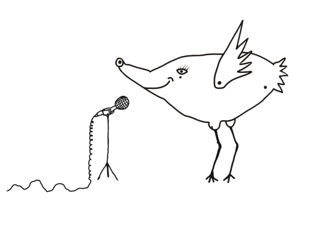 narysowany ptak przy mikrofonie