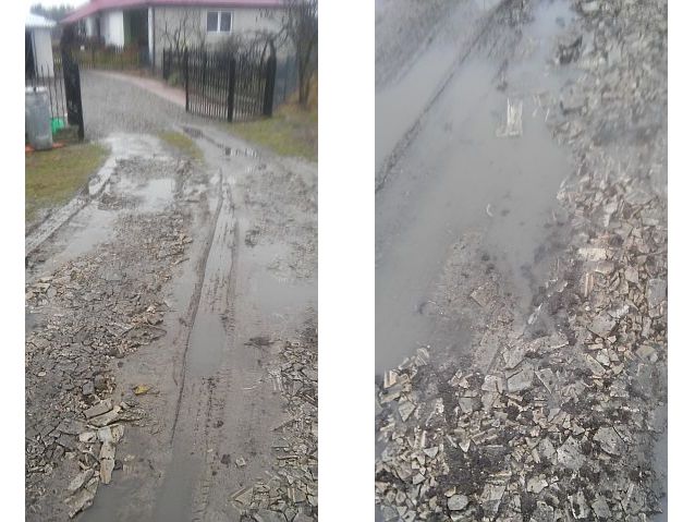 Dwa zdjęcia drogi wysypanej tłuczniem, z błotem, zalanej wodą