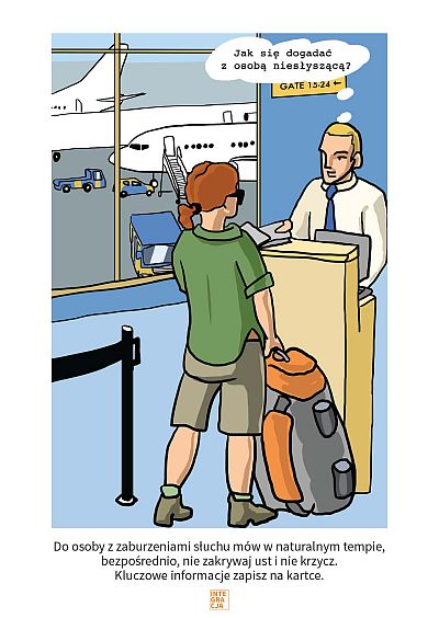 Jak się dogadać z osobą niesłyszącą? – pyta się w myślach pracownik lotniska obsługując pasażerkę.