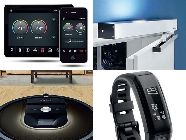 Cztery zdjęcia, na których widać: smartfon i sterownik, podłączone do drzwi urządzenie do ich otwierania, okrągły i płaski odkurzacz na podłodze oraz elektroniczną opaskę na rękę