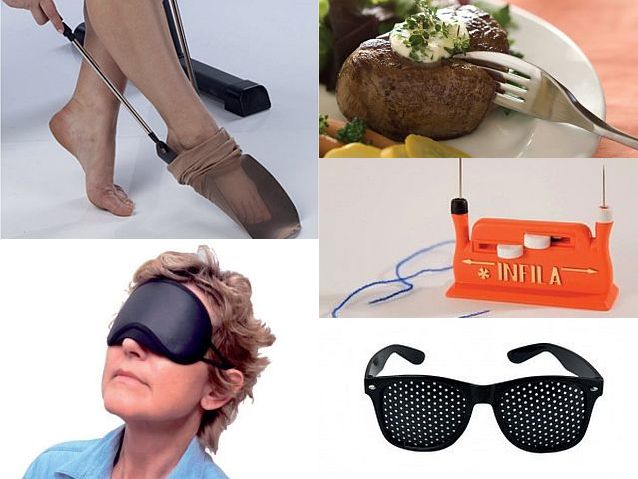 Kolaż pięciu przedmiotów: urządzenia do zakładania skarpet, czarnej opaski na oczy, widelconoża, urządzenia do nawijania nitki i specjalnych okularów