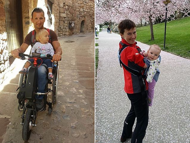 Dwa zdjęcia. Na pierwszym: Rafał Szumiec jedzie wózkiem z małą córeczką na kolanach, na drugim: Katarzyna Rogowiec stoi trzymając małe dziecko