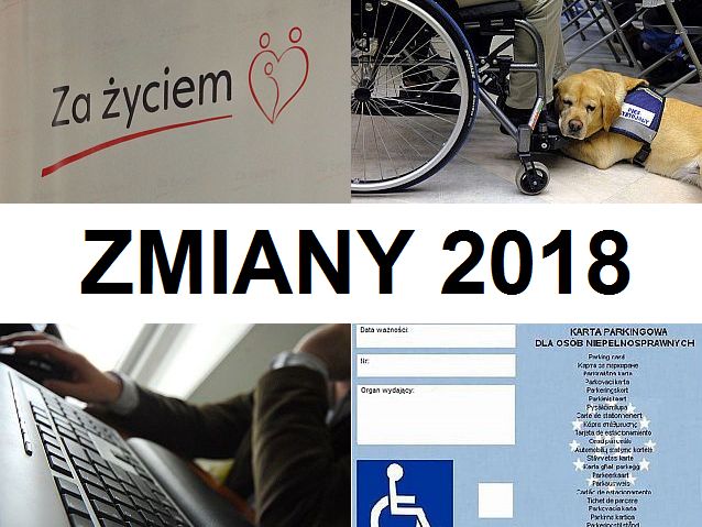 Napis: zmiany 2018 otoczony czterema zdjęciami: napisu Za Życiem, psa asystenta leżącego obok wózka inwalidzkiego, rąk pracujących na komputerze oraz karty parkingowej