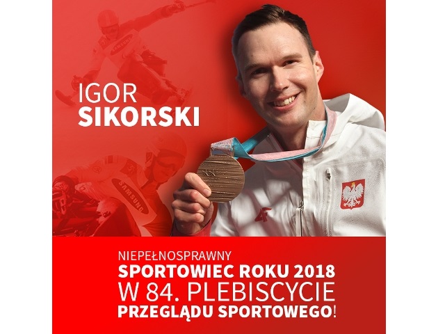 Igor Sikorski, na dole obrazka podpis: sportowiec Roku 2018 w 84. Plebiscycie Przeglądu Sportowego