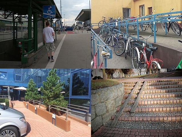 Cztery zdjęcia przedstawiające absurdy architektoniczne, m.in. podjazd z drewna, zastawione rowerami i drzewkami podjazdy