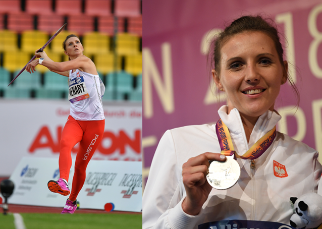 Powiększone zdjęcie: Katarzyna Piekart rzuca oszczepem na jednym zdjęciu. Na drugim - trzyma w dłoni srebrny medal.