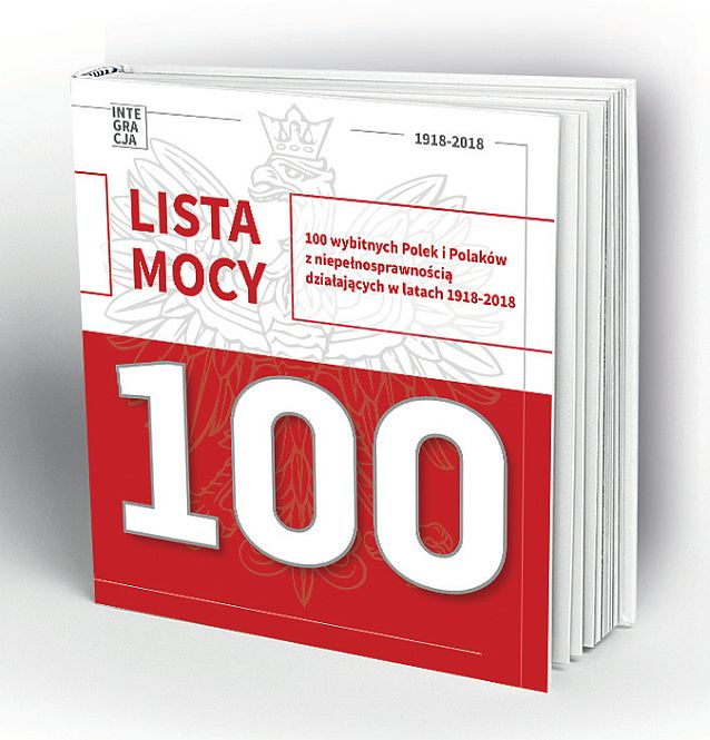 Biało-czerwona okładka książki Lista Mocy. 100 wybitnych Polek i Polaków z niepełnosprawnością działających w latach 1918-2018