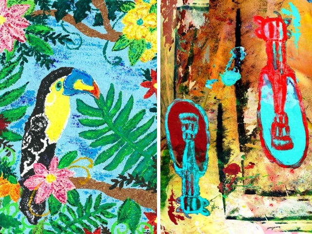 dwie prace - pelikan wśród kolorowych kwiatów i gitary wiszące na ścianie