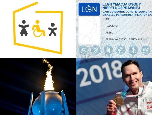 Cztery połączone zdjęcia: grafika Polski, w której są piktogramy kobiety, dziecka i osoby na wózku; wzór legitymacja osób z niepełnosprawnością, płonący znicz paraolimpijski i Igor Sikorski z brązowym medalem