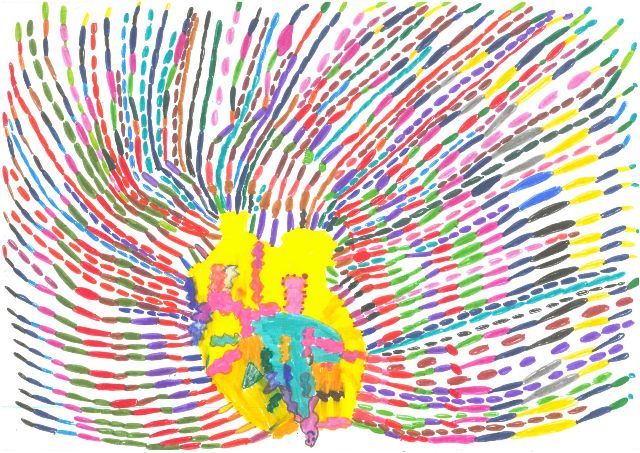 abstrakcja Grzegorza Kowalskiego. Z żółtego środka rozchodzą się kolorowe linie