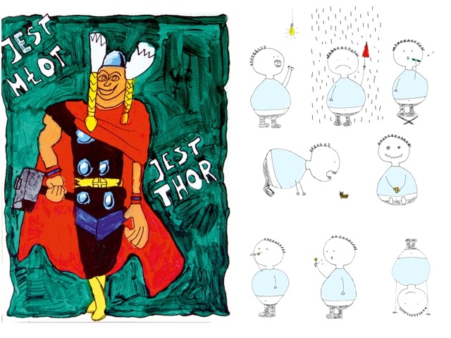 rysunek bohatera z komiksów i filmów Thor na zielonym tle. Natomiast po lewej zdjęcie to grafika ośmiu uproszczonych ludzikach w kilku różnych sytuacjach np. uśmiechanie się do żarówki, padający deszcz na ludzika