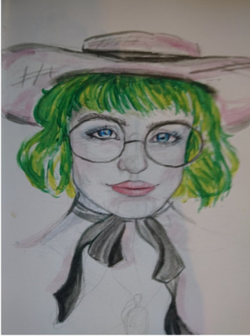 portret uśmiechnietej dziewczyny w kapeluszu, okularach i zielonymi włosami