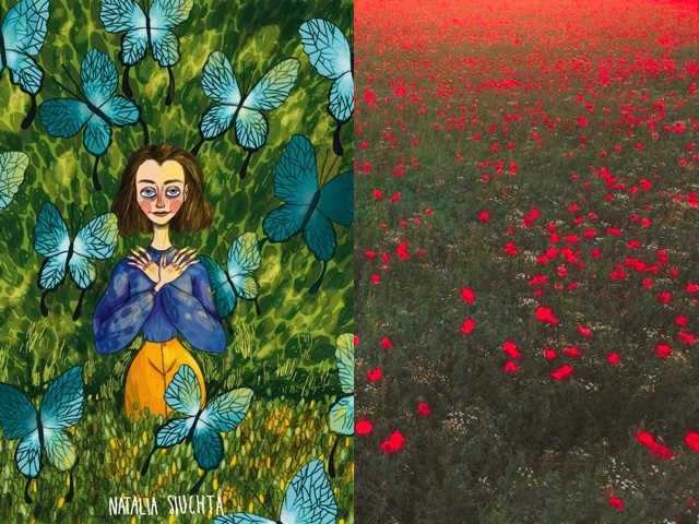 Dwie prace. Od lewej rysunek Natalii Siuchty - w środku na zielonym tle stoi dziewczyna ze skrzyżowanymi rękami na piersi, w okół niej latają niebieskie motyle. Druga praca to zdjęcie Dariusza Gwiżdża, przedstawiające łąka maków
