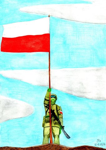 żołnierz z zakrytą twarzą i polską opaską trzyma w ręku dużą flagę polski