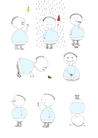 grafika ośmiu uproszczonych ludzikach w kilku różnych sytuacjach np. uśmiechanie się do żarówki, padający deszcz na ludzika