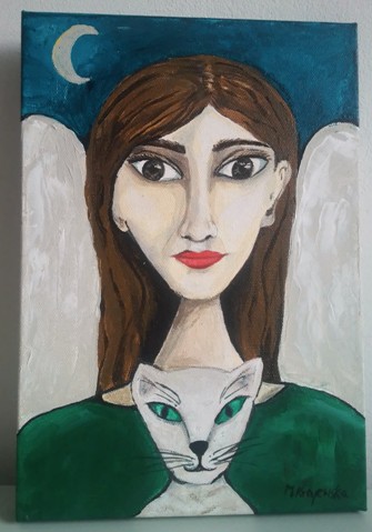 Na obrazie znajduje się popiersie kobiety z dużymi oczami w zielonej bluzce, przy jej obojczykach znajduje się głowa kota z dużymi zielonymi oczami