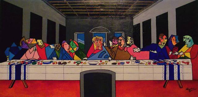 Obraz Ostatnia wieczerza w stylu Picassa - przy długim stole po jednej stronie siedzi dwanaście osób