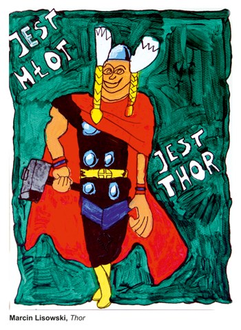 rysunek bohatera z komiksów i filmów Thor na zielonym tle