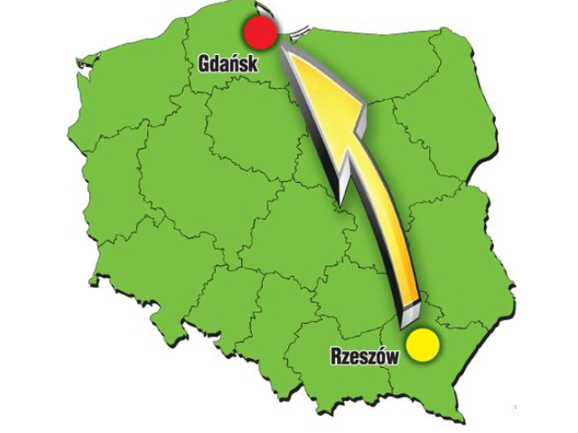 mapa Polski w kolorze zielonym z Rzeszowa do Gdańska zaznaczona strzałka