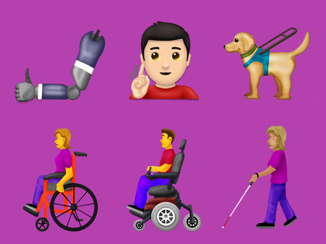 sześć emoji przedstawiających: protezę ręki, osobę migającą w języku migowym, psa przewodnika, kobietę na wózku inwalidzkim, mężczyznę na wózku elektrycznym i kobietę idącą z białą laską