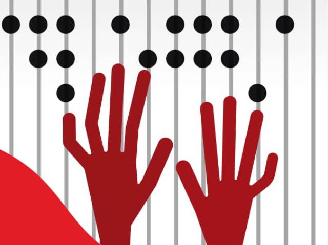 grafika przedstawiająca dłonie grające na fortepianie z oznaczeniem w alfabecie Braille