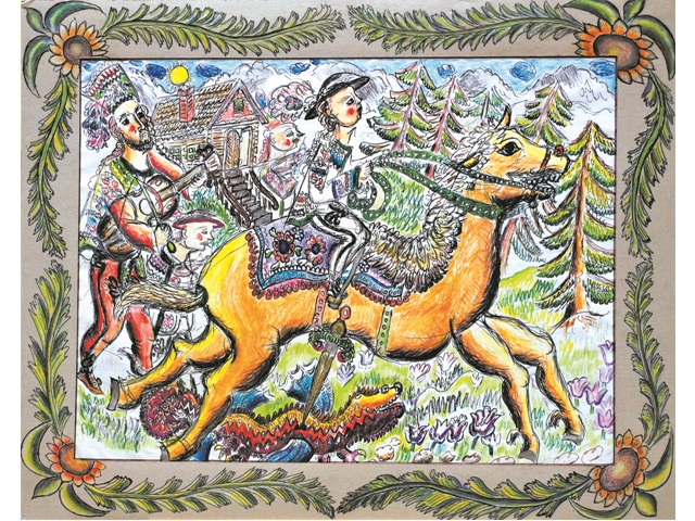 Praca wojciecha bachledy-żołnierczyka na koniu siedzi mężczyzna w stroju góralskim za nim mężczyzna i chłopiec w podobnym stroju