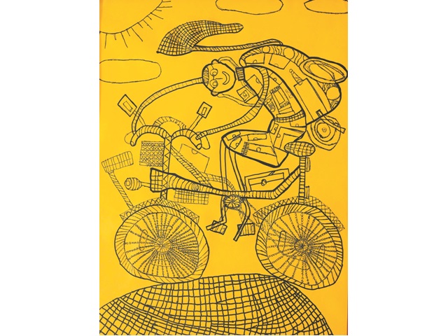 praca Tadeusza Talika na żółtym tle rysunek chłopca na rowerze z plecakiem