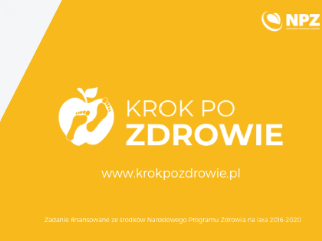 plakat na żółtym tle napis krok po zdrowie po lewej rysunek białe jabłuszko z dwoma żółtymi stopami pośrodku na dole adres strony www.krokpozdrowie.pl
