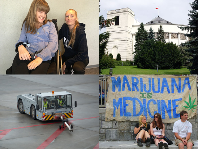 cztery zdjęcia: młoda kobieta z niepełnosprawnowścią i asystentka, budynek Sejmu, samochód techniczny na lotnisku, napis po angielsku na transparencie, który można przetłumaczyć:Marihuana jest lekiem
