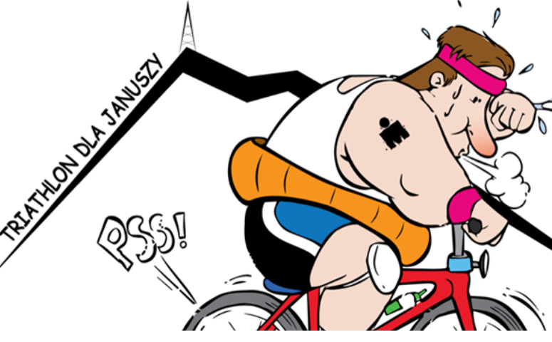 rysunek pana na rowerze nad nim napis Triathlon dla Januszy