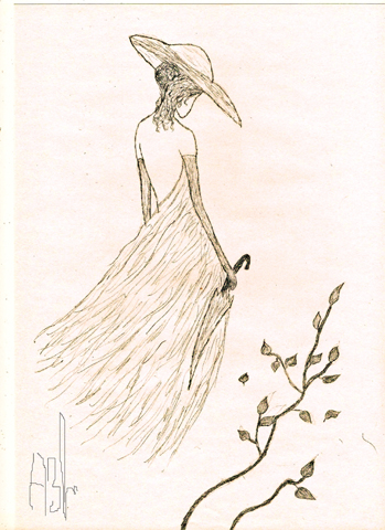 rysuek kobiety odwróconej tyłem w sukience z idkrytymi plecami i kapeluszem