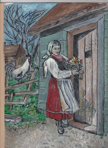 obraz: dziewczyna w chustce i stroju ludowym wchodzi do chaty z koszem jabłem, obok na płocie siedzi kogut
