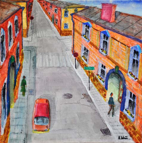 kolorowe budynki wzdłuż ulicy - rysunek