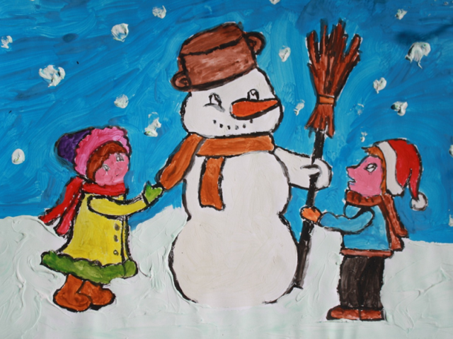 namalowany farbami rysunek bałwana i dwójki dzieci obok niego