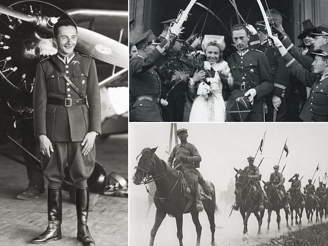 Trzy czarno-białe zdjęcia przedstawiają: pilota przed samolotem, oficera wychodzącego z żoną z kościoła oraz oddział kawalerii