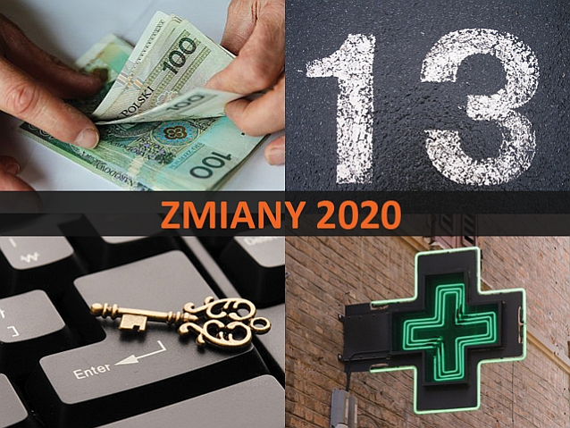 Cztery zdjęcia: mężczyzna przelicza pieniądze, liczba 13, klucz na klawiaturze, szyld apteki. Napis na środku: zmiany 2020
