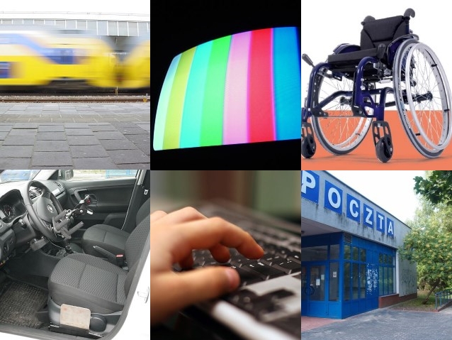 sześć zdjęć: pędzący pociąg, telewizor, wózek inwalidzki, dostosowany samochód, klawiatura komputera i budynek poczty z podjazdem