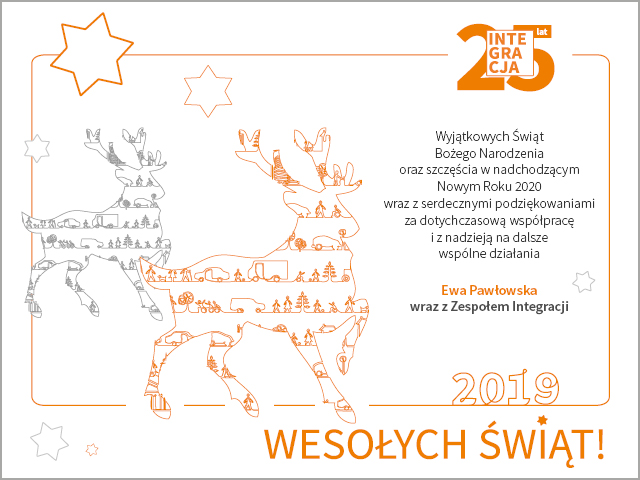 Grafika z życzeniami świątecznymi: Wyjątkowych Świąt Bożego Narodzenia oraz szczęścia w nadchodzącym Nowym Roku 2020 wraz z serdecznymi podziękowaniami za dotychczasową współpracę i z nadzieją na dalsze wspólne działania – Ewa Pawłowska wraz z Zespołem Integracji.