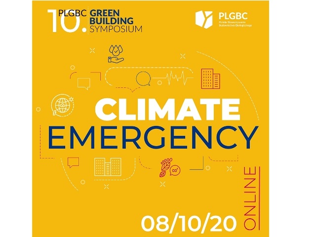 plakat na żółtym tle nazwa konferencji pośrodku napis climate emergency