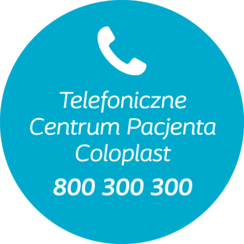 kółko turkusowe białym drukiem słuchawka telefonu i napis Telefoniczne centrum pacjenta coloplast 800300300