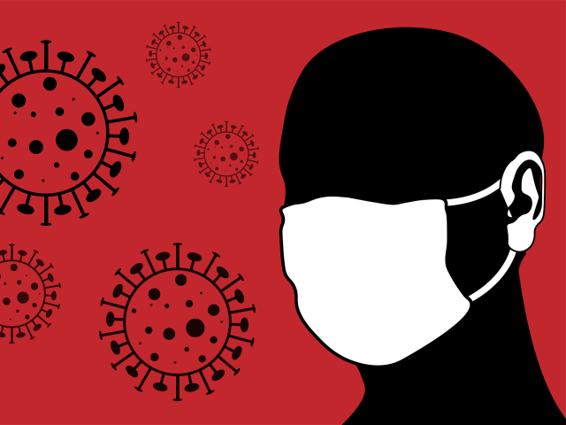 grafika na czerwonym tle zarys czarnej sylwetki człowieka z białą maseczką po lewej kuliste kształty wirusa
