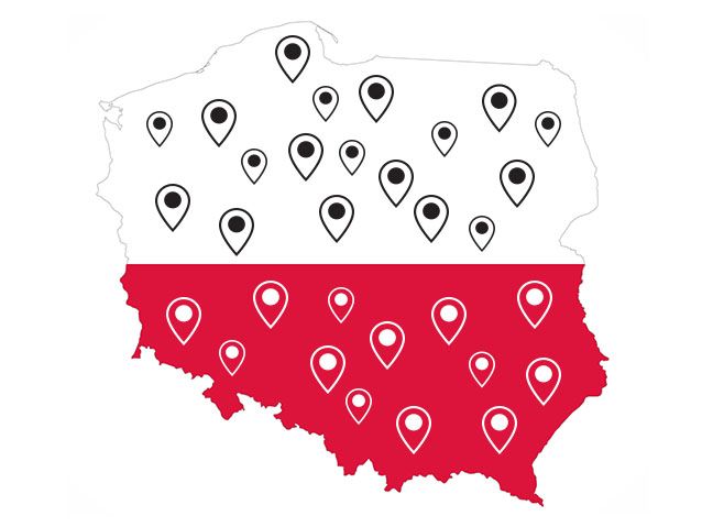 Mapa Polski z zaznaczonymi wieloma punktami