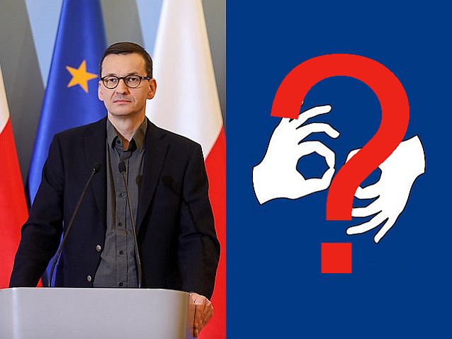 Po lewej stronie zdjęcie premiera przy mównicy, po prawej znak zapytania na symbolu oznaczającym język migowy