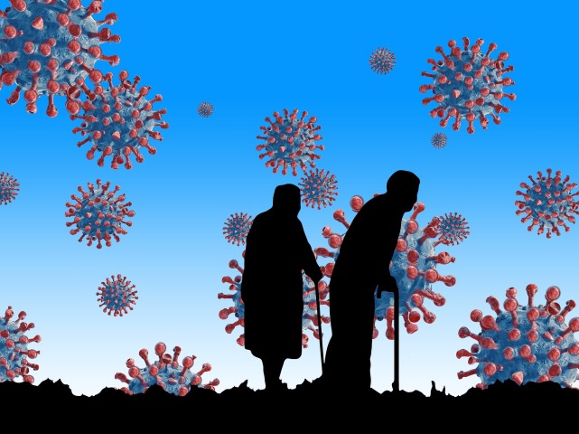 grafika na niebieskim tle rysunki wirusa okrągłe kule z wypustkami i dwie sylwetki seniora i seniorki z laskami
