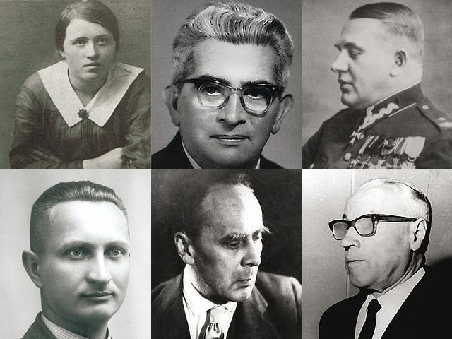 Czarno-białe zdjęcia twarzy pięciu mężczyzn i jednej kobiety